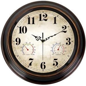 ComfyTune Vintage Wall Clock 16 Inch Quartz Silent Non-Ticking Analog Clock with Thermometer and Hygrometer, Battery Operated Rustic Round Decorative Clock for Living Room Home Office Classroom