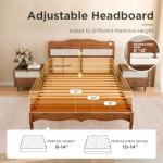 Sophia & William Queen Size Bed Frame, Wood Bed Frame with Hand-Woven Rattan Headboard, Solid Wood Slats Support, Brown