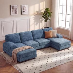 JUMMICO Sectional Couch with Double Chaise, U-Shaped Sofa with Removable & Washable Cushion Covers, 4 Seat Sofa Couches for Living Room, Apartment (Chenille, Blue)