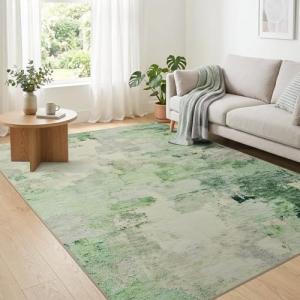 Joydeco Area Rugs 5x7 Washable, Light Green Modern Abstract Non-Slip Soft Low-Pile Carpet for Living Room, Bedroom & Dining Room