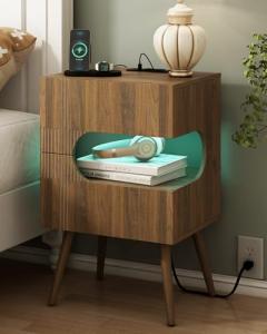JOONEE Nightstand with Charging Station and LED Lights,Modern Bedside Table with 2 Storage Drawer,Night Stand with Solid Wood Legs,White (Walnut Brown)