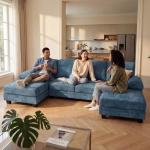 JUMMICO Sectional Couch with Double Chaise, U-Shaped Sofa with Removable & Washable Cushion Covers, 4 Seat Sofa Couches for Living Room, Apartment (Chenille, Blue)