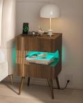 JOONEE Nightstand with Charging Station and LED Lights,Modern Bedside Table with 2 Storage Drawer,Night Stand with Solid Wood Legs,White (Walnut Brown)