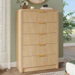 Decofy Fluted 5 Drawers Dresser, 48" Tall Modern Chest of Drawers with Round Edge & Metal Handle, Wood Drawer Organizer for Living Room, Bedroom, Entryway, Hallway (Natural Oak)