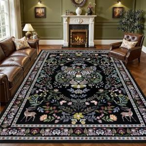 8x10 Area Rugs Living Room Rug: Vintage Washable Rug Floral Soft Carpet Indoor Floor Non-Slip Boho Stain Resistant Large Carpets for Bedroom Kids Nursery Dining Room Farmhouse Home Office Black