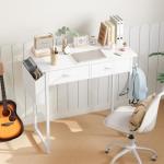 Sweetcrispy Computer Desk Small 32 Inch Home Office Bedroom Writing Study PC Table with Fabric Storage Drawers Space Side Bag Headphone Hook Metal Frame Adjustable Feet Modern Simple Style, White Wood