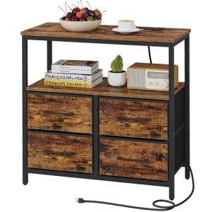 TUTOTAK Large Night Stand with Charging Station, Nightstand with USB and Type-C Port, Bedside Table with Cloth Drawers, End Table for Livingroom, Bedroom, Brown TB01BB081