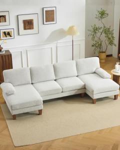 Karl home 110" U-Shape Sectional Couches for Living Room Chenille Upholstery 4 Seat Sofa Set with Double Chaises & Wood Grain Legs for Apartment, White