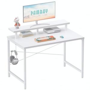 Pamray 32 Inch Small Computer Desk with Monitor Stand, Simple Office Desk with Headphone Hook for Small Spaces, Kids Study Writing Table for Bedroom, White