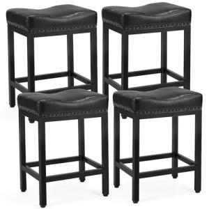 DUMOS Saddle Bar Stools Set of 4, 24 Inch Counter Height Stools with Curved PU Leather Surface, 3.7" Thick Upholstery Bar Height Stools with Footrest for Kitchen Island, Dining, Cafe, Black