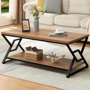 HOMISSUE Coffee Table, Rustic Rectangle Coffee Table with 2-Tier Storage, Engineered Wood Center Table with Open Shelves, Minimalist Coffee Table for Living Room, 47 Inch, Oak Brown