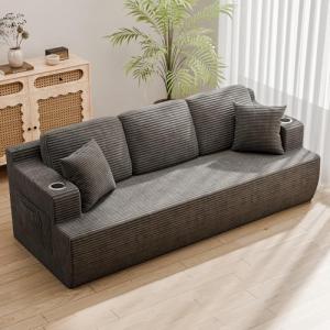 Homall 87” Boneless Sofa Couch with 2 Pillows Extra Deep Seats, Corduroy Fabric 3 Seater Sofa for Living Room with Cup Holder & Storage Pocket Upholstered Floor Sofa Easy Installation (Grey, 3 Seater)