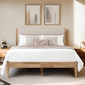 KISLOT Wood Bed Frame with Upholstered Headboard Wooden Platform with Silent Slat Support Mattress Foundation No Box Spring Needed, Easy Assembly