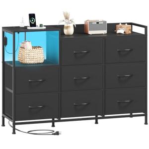 Somdot Dresser with Charging Station and Open Shelves,Dresser for Bedroom with 8 Storage Drawers,Storage Cabinets Organization Units for Living Room, Hallway,Sturdy Metal Frame,Wood Top,Black