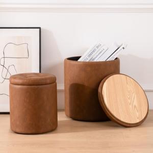 Round Ottoman with Storage Set of 2, 12.6"W x 14.17"H & 14.76"W x 17.32"H Faux Leather Button Tufted Storage Ottoman, Boucle Vanity Stool Footrest Coffee Table for Living Room, Bedroom, Brown