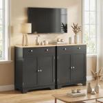 HOMCOM Sideboard Buffet Cabinet with Solid Wood Countertop, Modern Kitchen Storage Cabinet, Coffee Bar Cabinet with 2 Drawers, Doors and Adjustable Shelf, Black