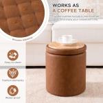 Round Ottoman with Storage Set of 2, 12.6"W x 14.17"H & 14.76"W x 17.32"H Faux Leather Button Tufted Storage Ottoman, Boucle Vanity Stool Footrest Coffee Table for Living Room, Bedroom, Brown