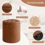 Round Ottoman with Storage Set of 2, 12.6"W x 14.17"H & 14.76"W x 17.32"H Faux Leather Button Tufted Storage Ottoman, Boucle Vanity Stool Footrest Coffee Table for Living Room, Bedroom, Brown