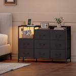 Somdot Dresser with Charging Station and Open Shelves,Dresser for Bedroom with 8 Storage Drawers,Storage Cabinets Organization Units for Living Room, Hallway,Sturdy Metal Frame,Wood Top,Black