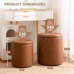 Round Ottoman with Storage Set of 2, 12.6"W x 14.17"H & 14.76"W x 17.32"H Faux Leather Button Tufted Storage Ottoman, Boucle Vanity Stool Footrest Coffee Table for Living Room, Bedroom, Brown