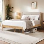 KISLOT Wood Bed Frame with Upholstered Headboard Wooden Platform with Silent Slat Support Mattress Foundation No Box Spring Needed, Easy Assembly