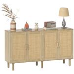 HOMCOM Sideboard Buffet Cabinet, 62" Boho Buffet Table, Rattan Coffee Bar Cabinet with 4 Doors and Shelves for Kitchen, Living Room, Entryway, Natural