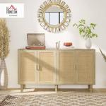 HOMCOM Sideboard Buffet Cabinet, 62" Boho Buffet Table, Rattan Coffee Bar Cabinet with 4 Doors and Shelves for Kitchen, Living Room, Entryway, Natural