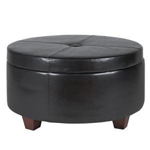 Homepop Home Decor | Upholstered Faux Leather Large Tufted Round Storage Ottoman | Button Top Ottoman with Storage for Living Room & Bedroom | Decorative Home Furniture, Black