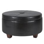 Homepop Home Decor | Upholstered Faux Leather Large Tufted Round Storage Ottoman | Button Top Ottoman with Storage for Living Room & Bedroom | Decorative Home Furniture, Black