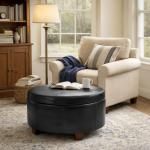 Homepop Home Decor | Upholstered Faux Leather Large Tufted Round Storage Ottoman | Button Top Ottoman with Storage for Living Room & Bedroom | Decorative Home Furniture, Black