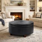 Homepop Home Decor | Upholstered Faux Leather Large Tufted Round Storage Ottoman | Button Top Ottoman with Storage for Living Room & Bedroom | Decorative Home Furniture, Black