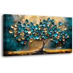 Tree of life Teal Gold Leaf Pictures Canvas Wall Art for Living room Office Bedroom Wall Decor,Abstract Wall Art Print Paintings Modern Blue Leaves Artwork Waterproof Ready to Hang-20x40inch