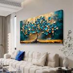 Tree of life Teal Gold Leaf Pictures Canvas Wall Art for Living room Office Bedroom Wall Decor,Abstract Wall Art Print Paintings Modern Blue Leaves Artwork Waterproof Ready to Hang-20x40inch
