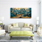 Tree of life Teal Gold Leaf Pictures Canvas Wall Art for Living room Office Bedroom Wall Decor,Abstract Wall Art Print Paintings Modern Blue Leaves Artwork Waterproof Ready to Hang-20x40inch