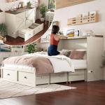 AMERLIFE Queen Murphy Bed with Storage & Charging Station, Farmhouse Murphy Cabinet with Foldable Panel, Noisy Free, for Guest Bedroom, Living Room, Office, Distressed White