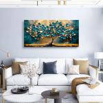 Tree of life Teal Gold Leaf Pictures Canvas Wall Art for Living room Office Bedroom Wall Decor,Abstract Wall Art Print Paintings Modern Blue Leaves Artwork Waterproof Ready to Hang-20x40inch