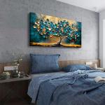 Tree of life Teal Gold Leaf Pictures Canvas Wall Art for Living room Office Bedroom Wall Decor,Abstract Wall Art Print Paintings Modern Blue Leaves Artwork Waterproof Ready to Hang-20x40inch