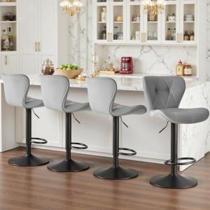 Sweetcrispy Modern Bar Stools Set of 4, Adjustable Faux Leather Upholstered Swivel Bar Stools, Counter Height Bar Chairs with Back for Kitchen Island, Grey