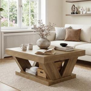 LITTLE TREE Coffee Table, Farmhouse Coffee Table with Large Storage Shelf, 2-Tier Rustic Wood Modern Center Table for Living Room、Home Office, Rustic Brown