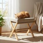 BAMBOOHOMIE Foldable Foot Stool Ottoman, Modern Foot Rest with Bamboo X Legs & Thick Foam Cushion, Folding Foot Stools Small Padded for Bedroom Living Room, Footstool for Chair Couch (Natural - Brown)