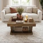 LITTLE TREE Coffee Table, Farmhouse Coffee Table with Large Storage Shelf, 2-Tier Rustic Wood Modern Center Table for Living Room、Home Office, Rustic Brown