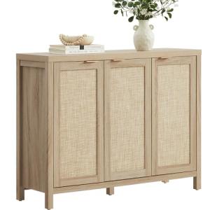 SICOTAS Rattan Buffet Cabinet with Storage 43.5" Sideboard Cabinet with 3 Doors & Adjustable Shelves Wood Sideboard Credenza Storage Cabinets for Entryway Living Room Reclaimed Light Oak