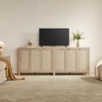 SICOTAS Rattan Buffet Cabinet with Storage 43.5" Sideboard Cabinet with 3 Doors & Adjustable Shelves Wood Sideboard Credenza Storage Cabinets for Entryway Living Room Reclaimed Light Oak