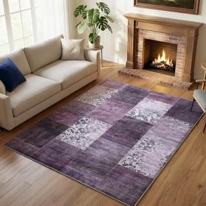Carvapet Vintage Patchwork Area Rug Distressed Floral Low Pile Soft Faux Cashmere Rug Non Slip Machine Washable Carpet for Living Room Bedroom (Purple, 5' x 7' (Rectangular))