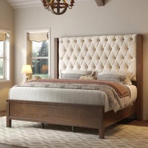 Jocisland Solid Wood King Size Bed Frame, 57" Tall Farmhouse Platform Beds, Upholstered Line Wingback Headboard, Deep Button Tufted, No Box Spring Needed, Easy Assembly, Dark Walnut