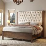 Jocisland Solid Wood King Size Bed Frame, 57" Tall Farmhouse Platform Beds, Upholstered Line Wingback Headboard, Deep Button Tufted, No Box Spring Needed, Easy Assembly, Dark Walnut