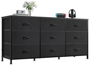 WLIVE 47''W Dresser for Bedroom, Black Dresser TV Stand for 45, 50, 55 inch TV, Wide Chest of Drawers with 9 Drawer, Large Entertainment Center, Fabric Dressers with Wood Top for Closet, Living Room