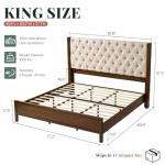 Jocisland Solid Wood King Size Bed Frame, 57" Tall Farmhouse Platform Beds, Upholstered Line Wingback Headboard, Deep Button Tufted, No Box Spring Needed, Easy Assembly, Dark Walnut