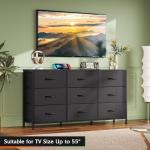 WLIVE 47''W Dresser for Bedroom, Black Dresser TV Stand for 45, 50, 55 inch TV, Wide Chest of Drawers with 9 Drawer, Large Entertainment Center, Fabric Dressers with Wood Top for Closet, Living Room