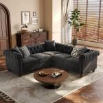 ONBRILL Velvet Chesterfield Sofa, L Shaped Sectional Sofa with Tufted Back & Rolled Arms, 3 Throw Pillows, Small Corner Sectional Couch for Living Room, Apartment, Black